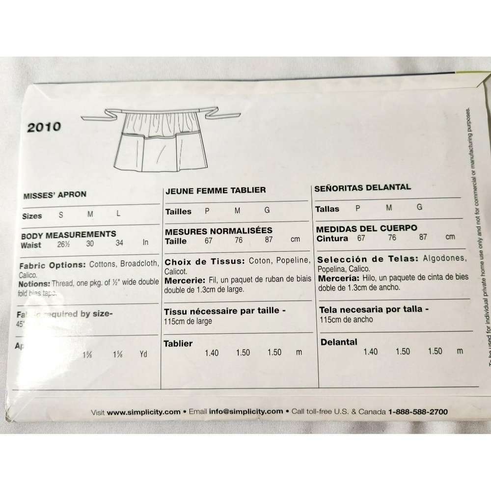 Simplicity 2010 Pattern UNCUT Sew Simple One Easy Project Half Apron with Patch - Picture 5 of 5